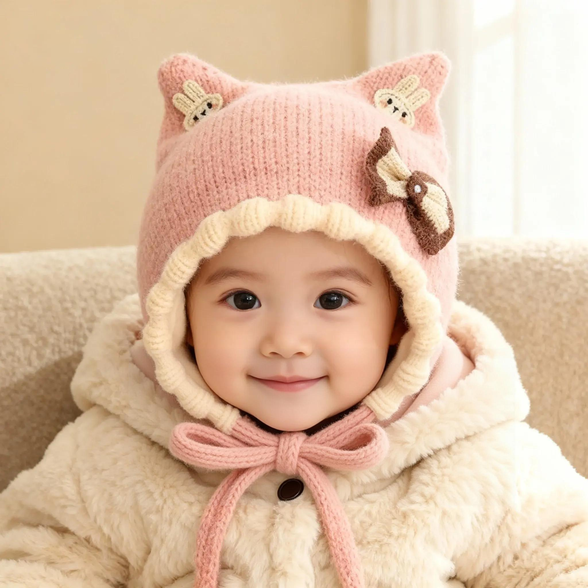 儿童可爱萌萌小兔护耳帽子女宝宝婴儿帽子新生儿童秋冬季毛线针织