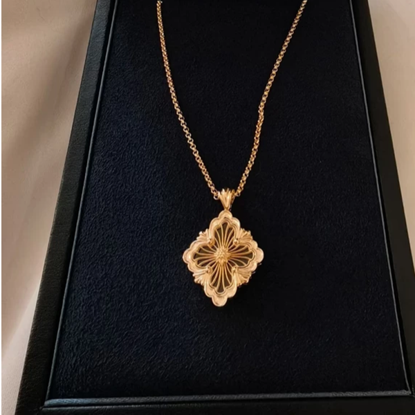 99新 BUCCELLATI/布契拉提 小花柳 花卉图案黑珐琅项链 大号 黄金