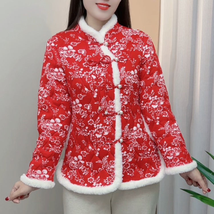 冬季新款加绒加厚碎花棉袄保暖外套妈妈装棉衣复古新中式国风棉服