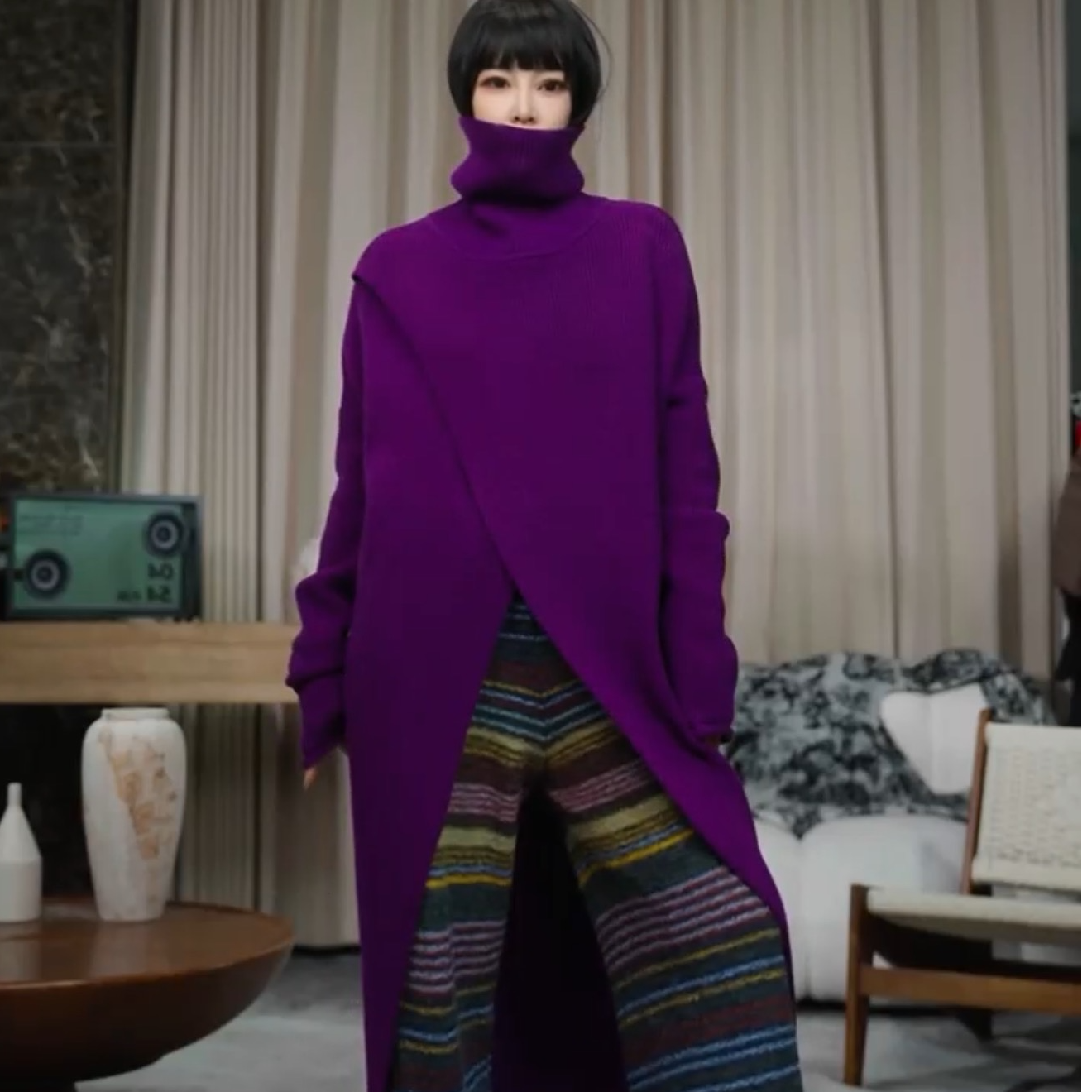 福利2025秋冬高领设计款开叉长款针织毛衣六店NF0509609