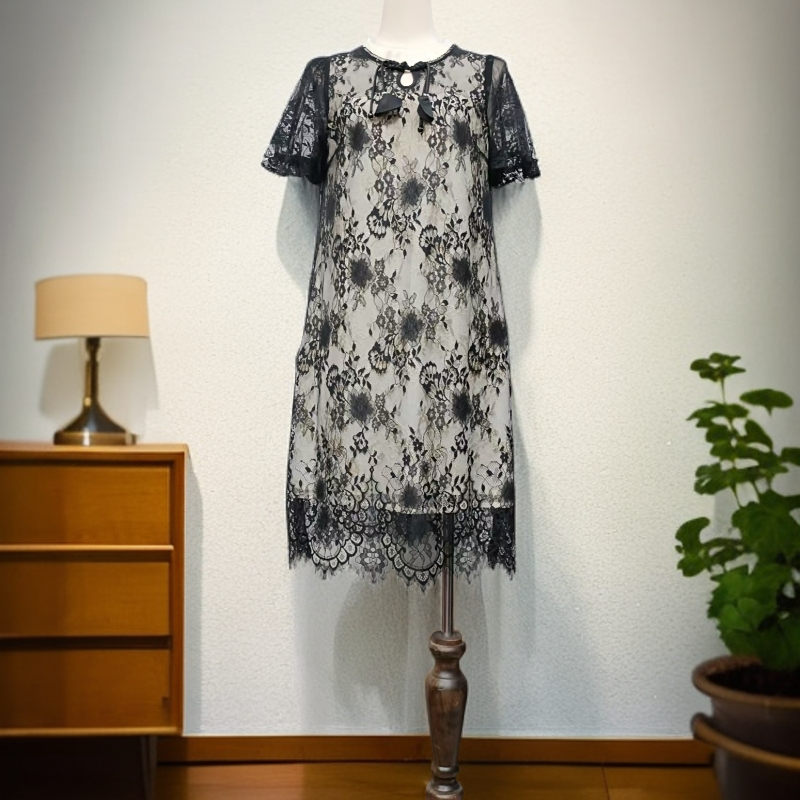 夏季新款时尚气质网纱蕾丝拼接显瘦中长款连衣裙A112