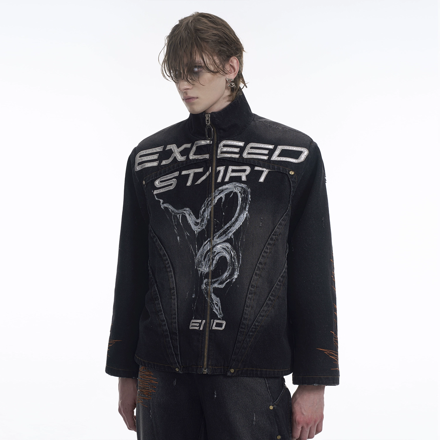 手绘蛇形图案牛仔外套男 早春新款小众立体字母LOGO立领拉链夹克