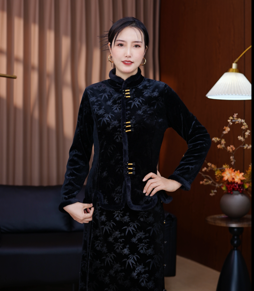 985提花常规款半开领单排扣长袖上衣冬季中式唐装黑色