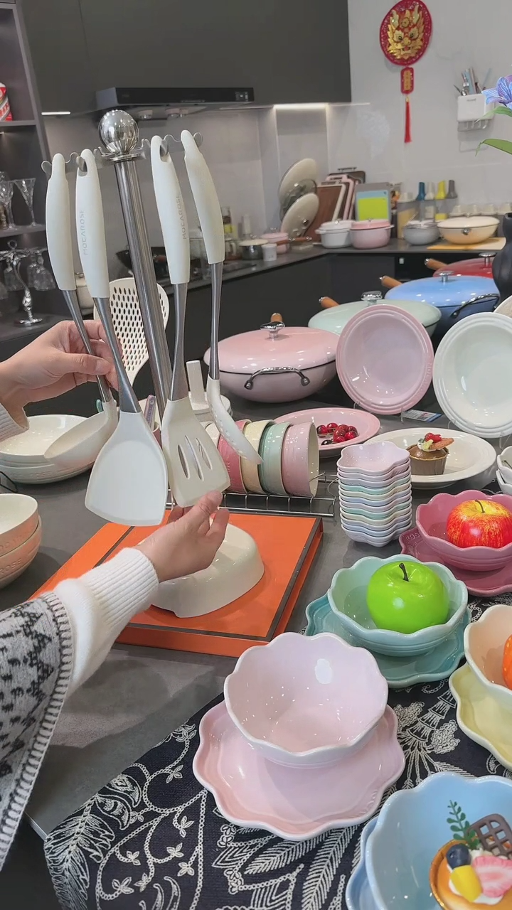 【闪购商品】瓷奶油白不锈钢锅铲架5件套（304不锈钢)