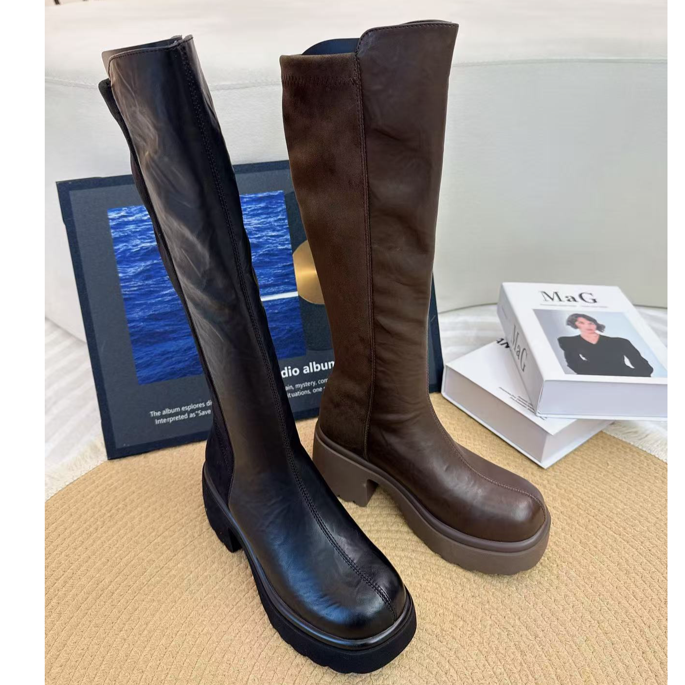 W5836长筒靴女秋冬新款靴子厚底长靴显瘦百搭弹力高筒靴薄绒