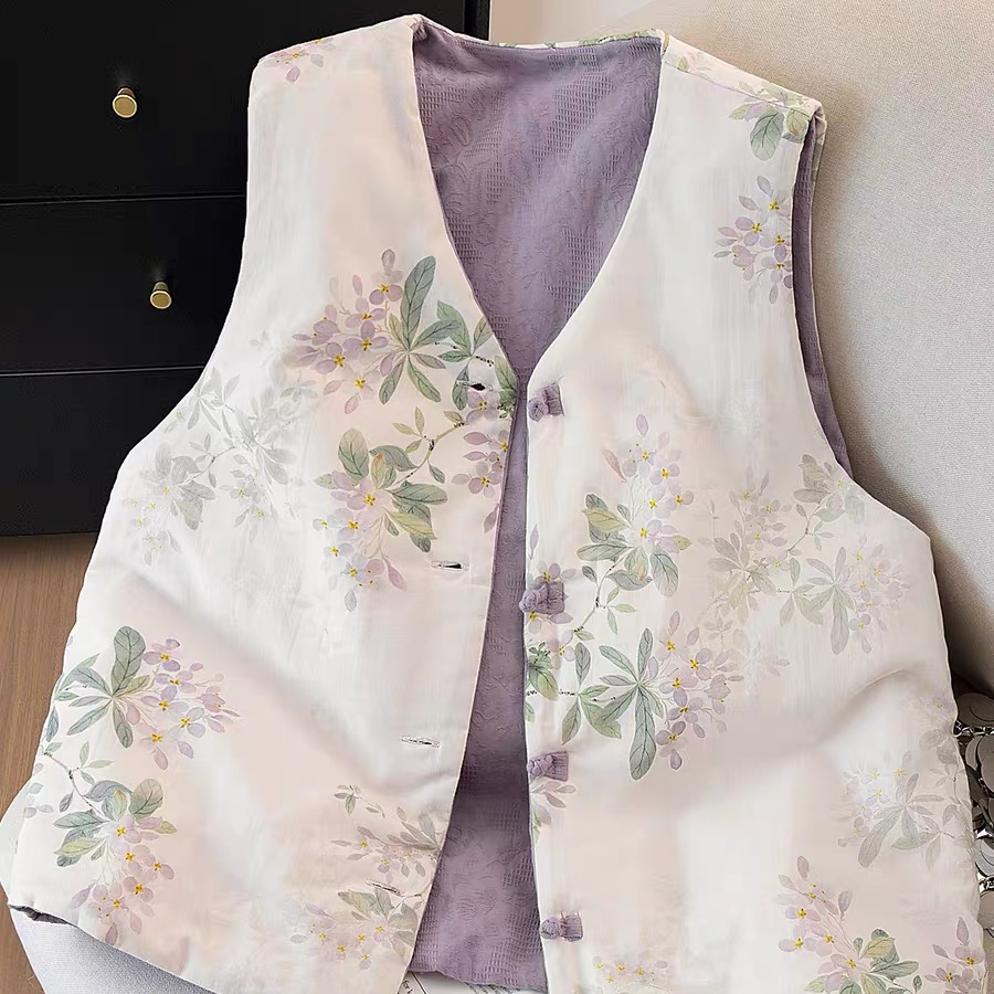 国风新显瘦气质中式双面穿冬季印花V领马甲加厚文艺保暖上衣610