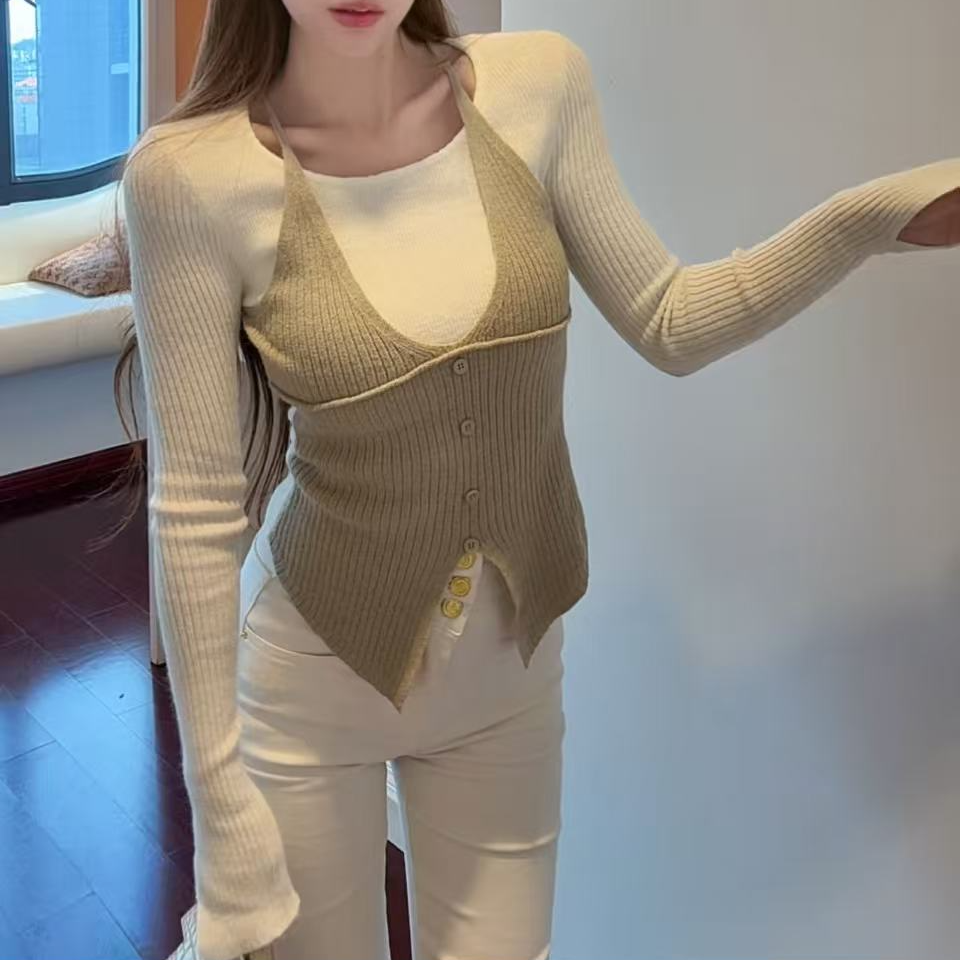 4111 假2件 拼色毛衣