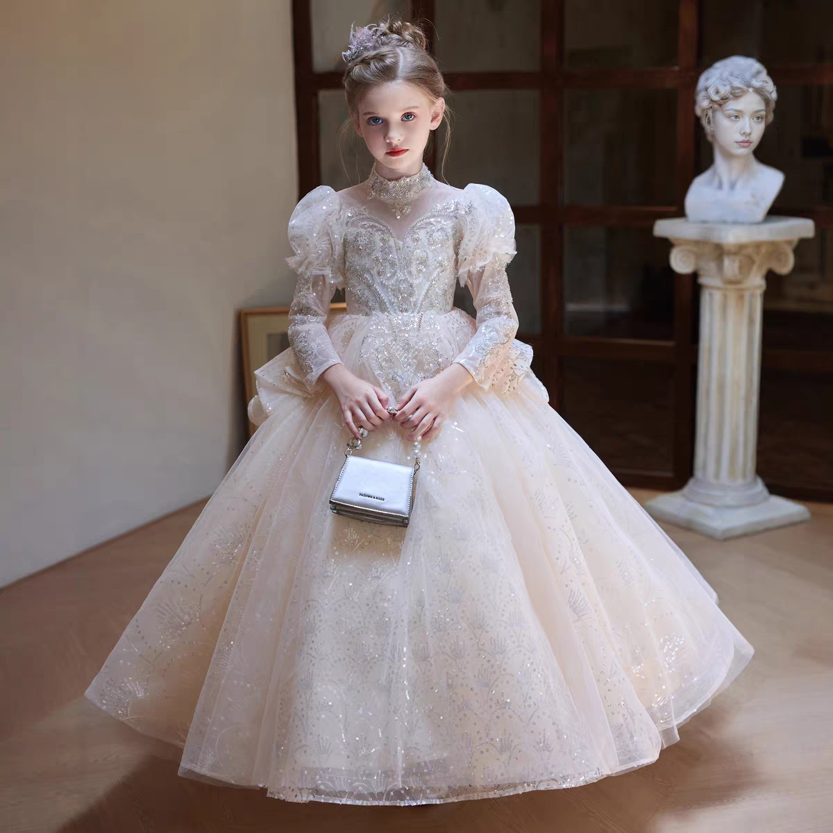 儿童主持人晚礼服高端长袖秋冬女童生日走秀花童气质洋气