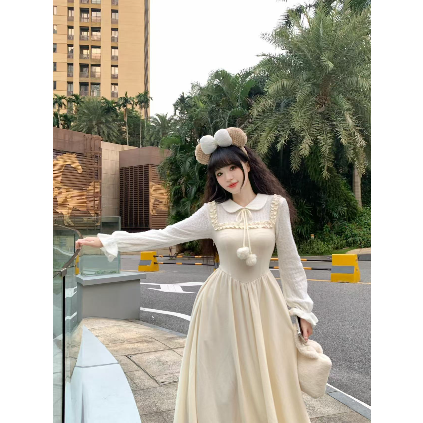 【QIANJIN】‘乖乖女’秋季甜美显瘦纯色收腰针织修身连衣裙QL86351