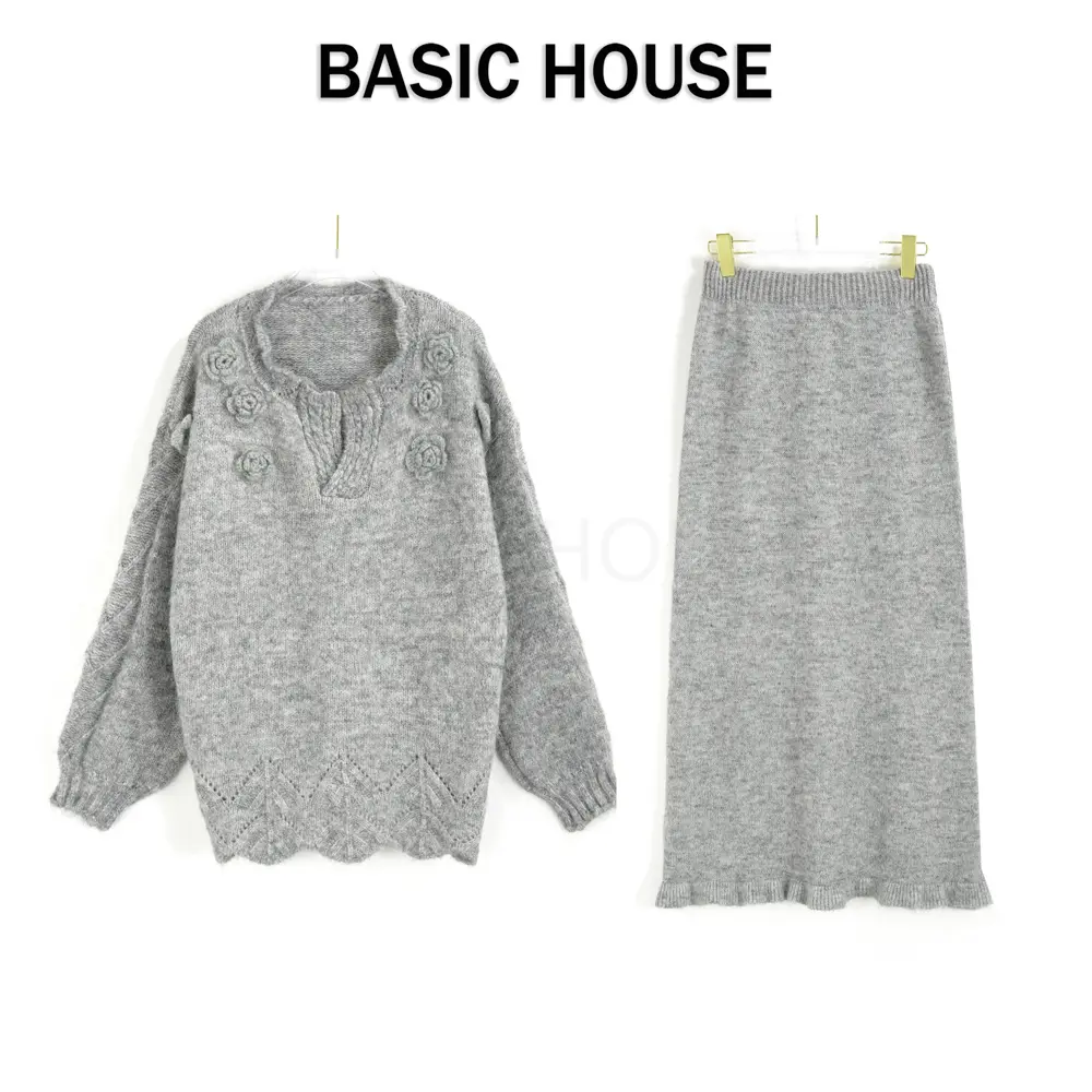 Basic House/百家好CSM秋冬重工立体花朵毛衣半裙套装B0604B563L2