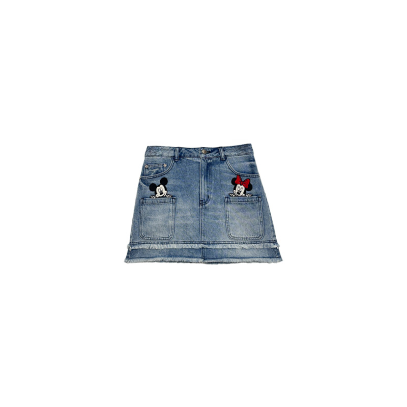 南油小众设计师新品卡通图案毛边牛仔半身短裙