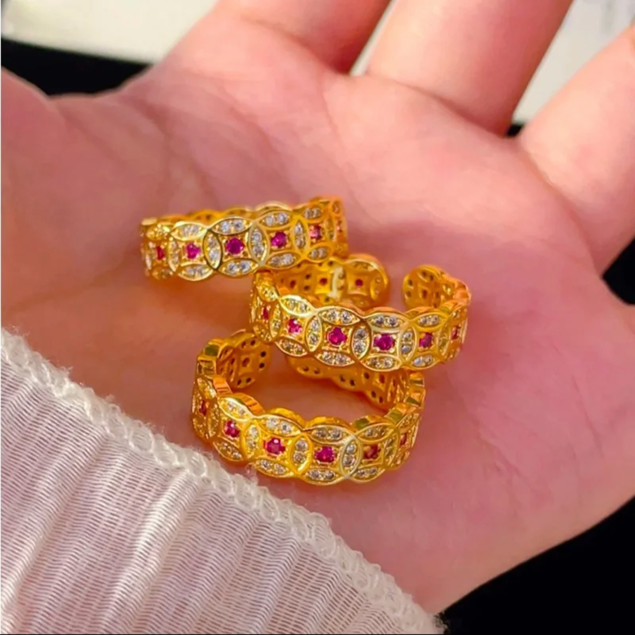 铜合金戒指 新中式玫红点钻五帝钱戒指铜钱开口指环时尚钱币轻奢