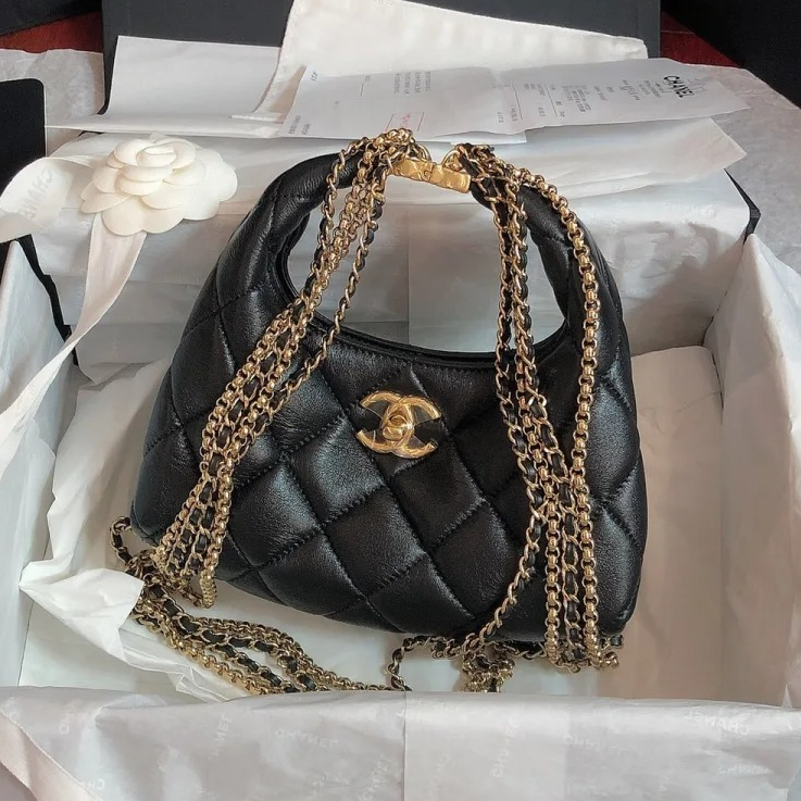 99新 Chanel/香奈儿 小花攀攀24A Hobo 黑色皮革S 芯片四链条肩带