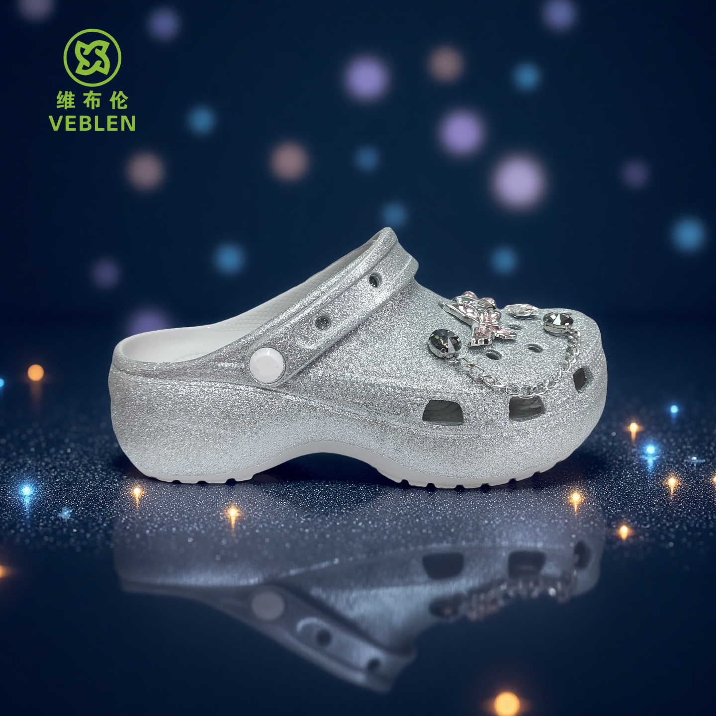VEBLEN/维布伦2025新款璀璨银云朵款增高半拖外穿舒适休闲洞洞鞋