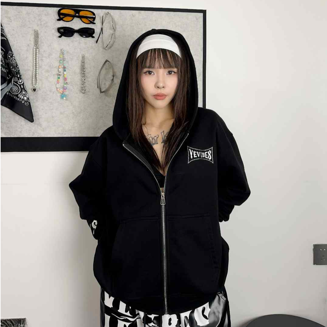 Yellow Vibes街头复古无敌质感美式连帽宽松贴钻刺绣开衫卫衣外套