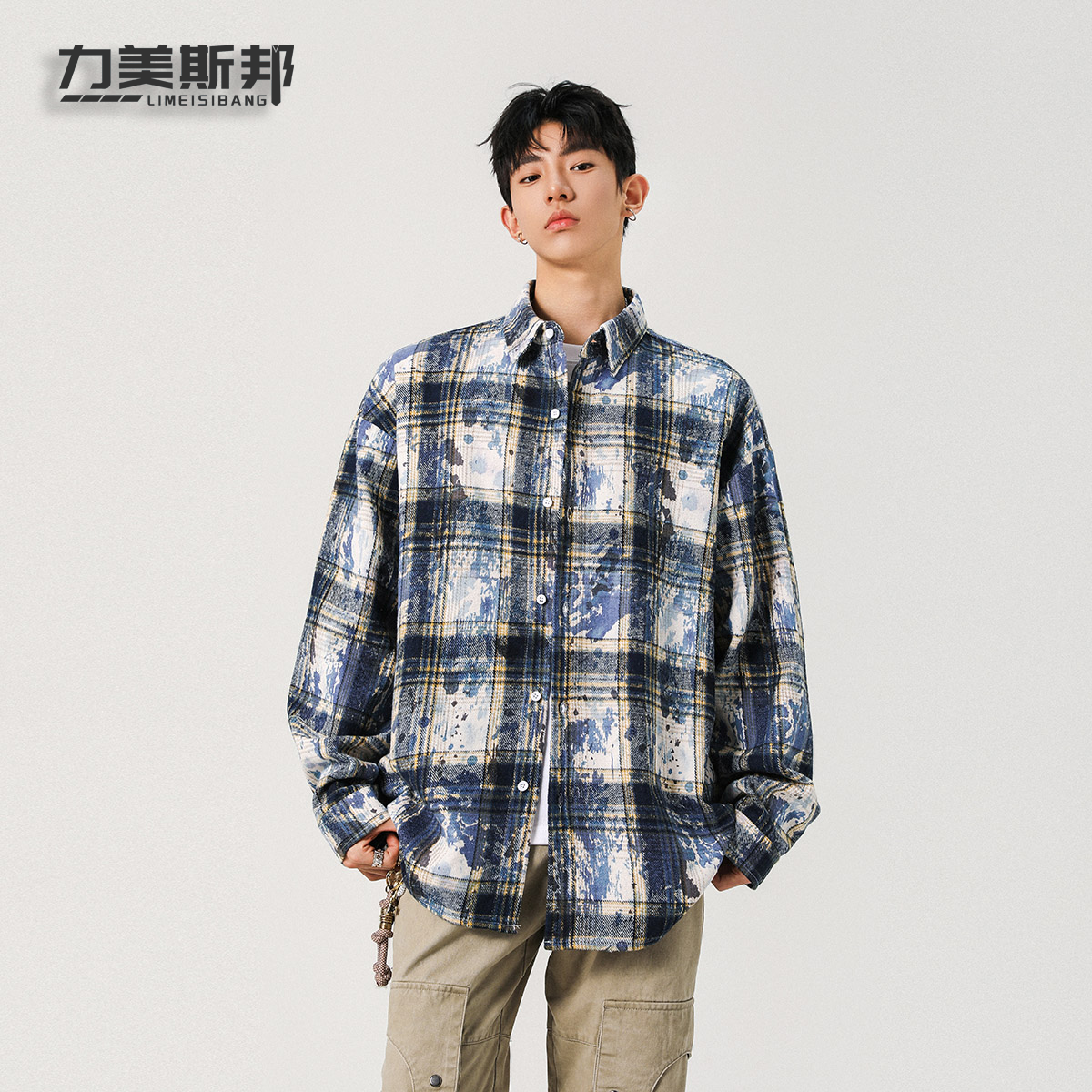 力美斯邦印花衬衫外套衬衣长袖时尚情侣日系休闲格纹美式高街格子