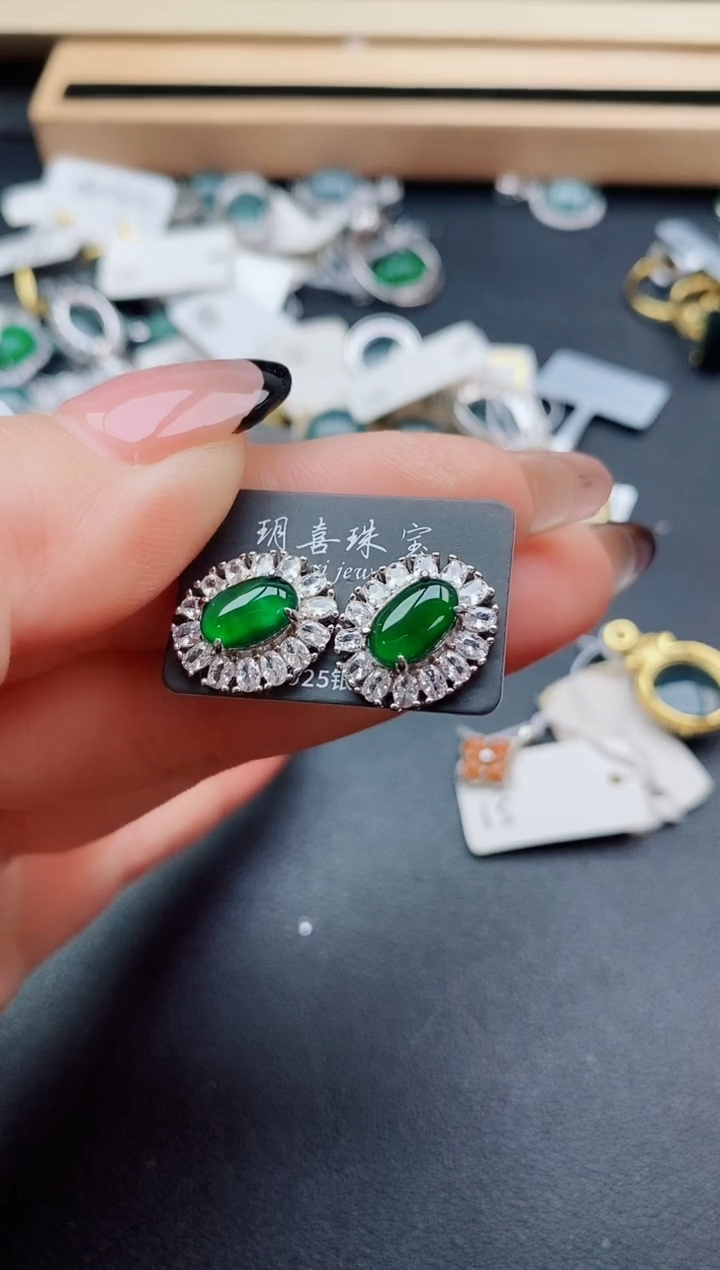 翡翠银S925镶嵌耳饰50800