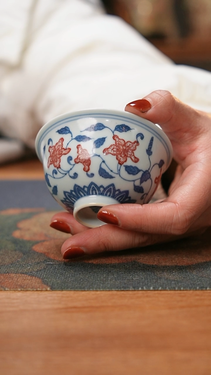 【闪购商品】贵红窑青花釉里红栀子花宫碗杯