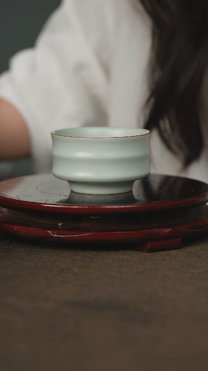 微瑕 月白竹节杯 汝瓷 主人杯