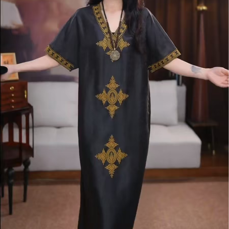 B【书染】香云纱长款重磅时尚国风提花遮肉气质复古长裙宽松连衣裙