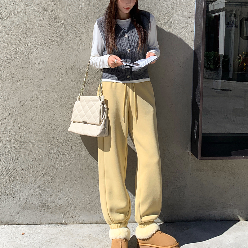 (暖绒束脚休闲裤)2476秋冬加绒保暖简约束脚高腰运动休闲裤W