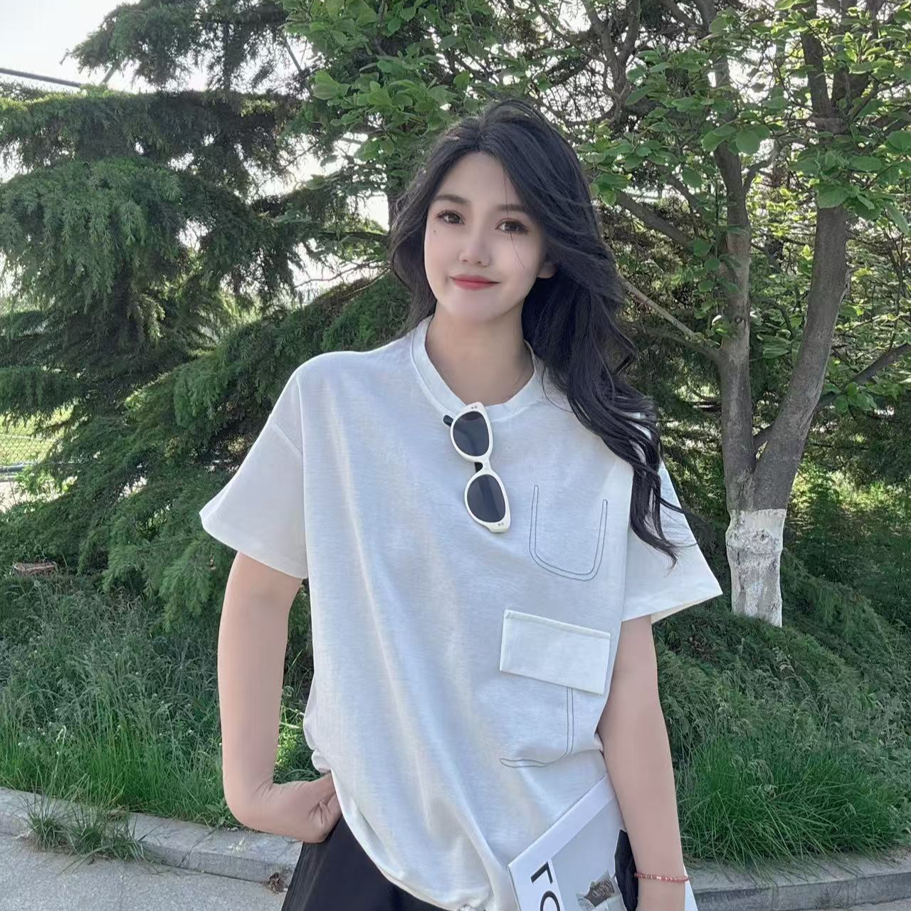 D6860时尚口袋个性不对称设计圆领T恤百搭休闲女短袖