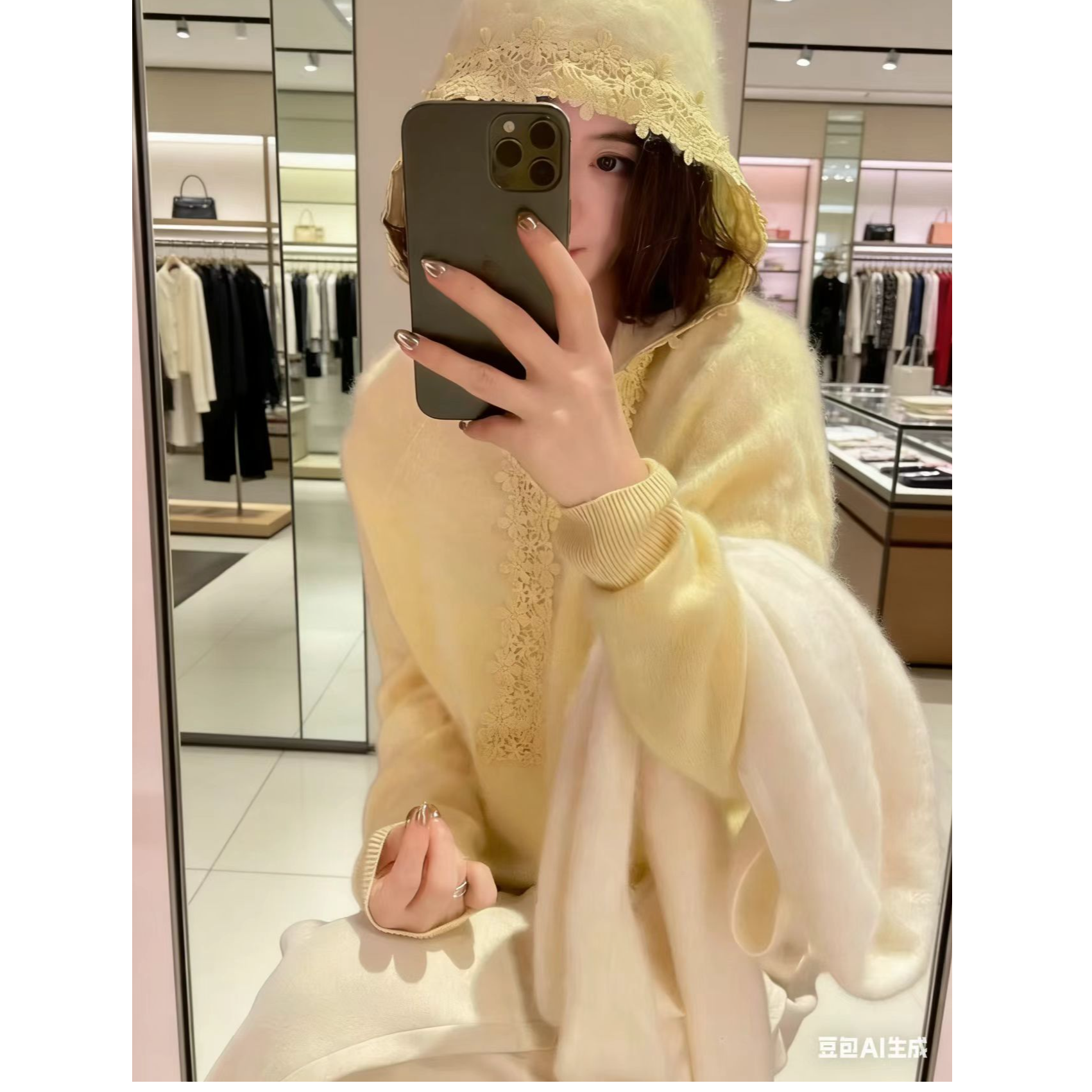 beyinian/贝依念羊绒羊毛钩花连帽衫蕾丝拼接拉毛帽衫时尚减龄