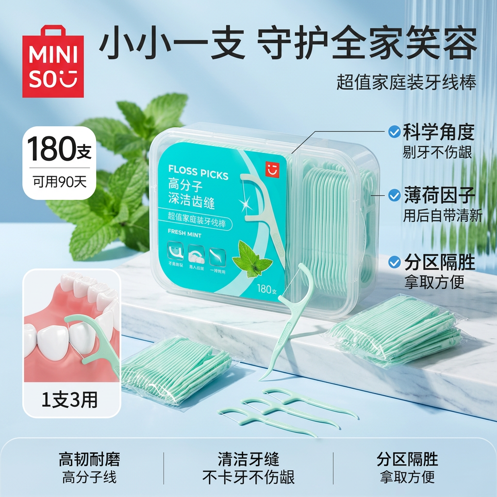 【名创优品】清新家用薄荷牙线棒正品剔牙官方品牌薄荷牙签180支-LX