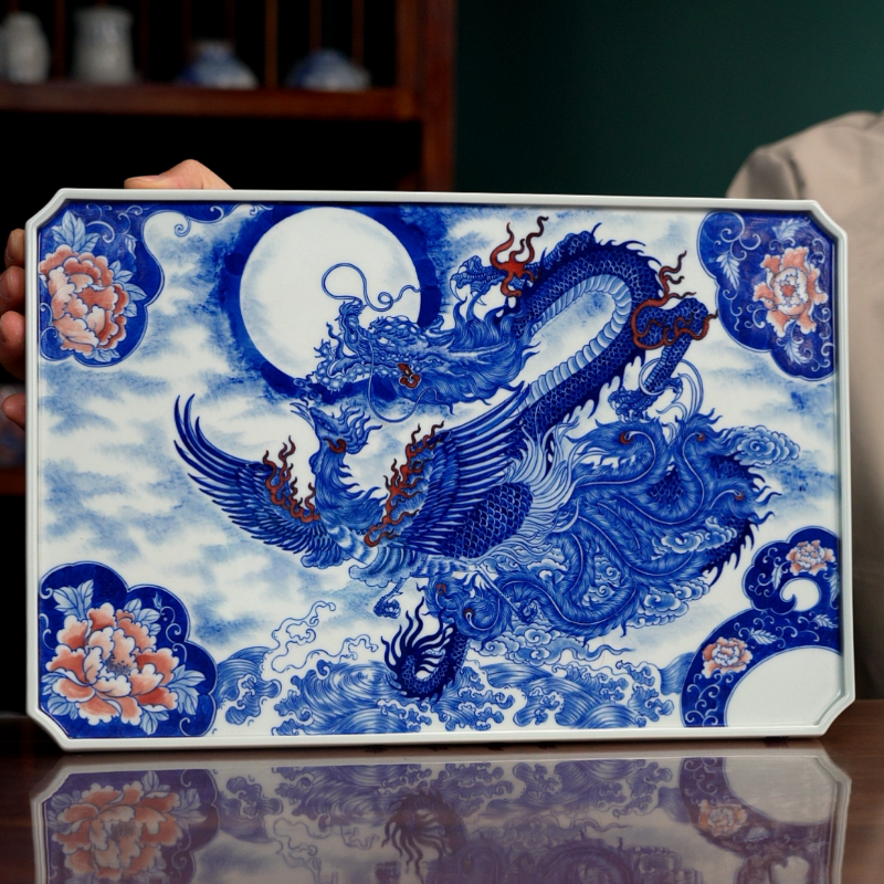 自成堂柴窑青花龙凤干泡台茶盘龙凤呈祥精致实用茶具 35.5*23.5cm