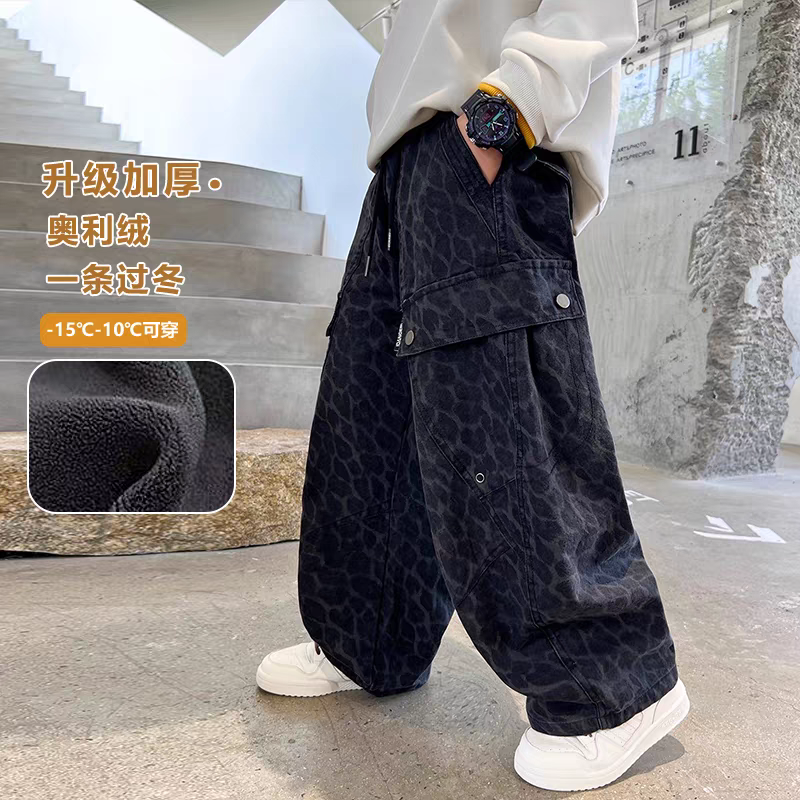 男童秋冬款工装裤2025新款初中生一体绒加厚冬季儿童直筒加绒裤子