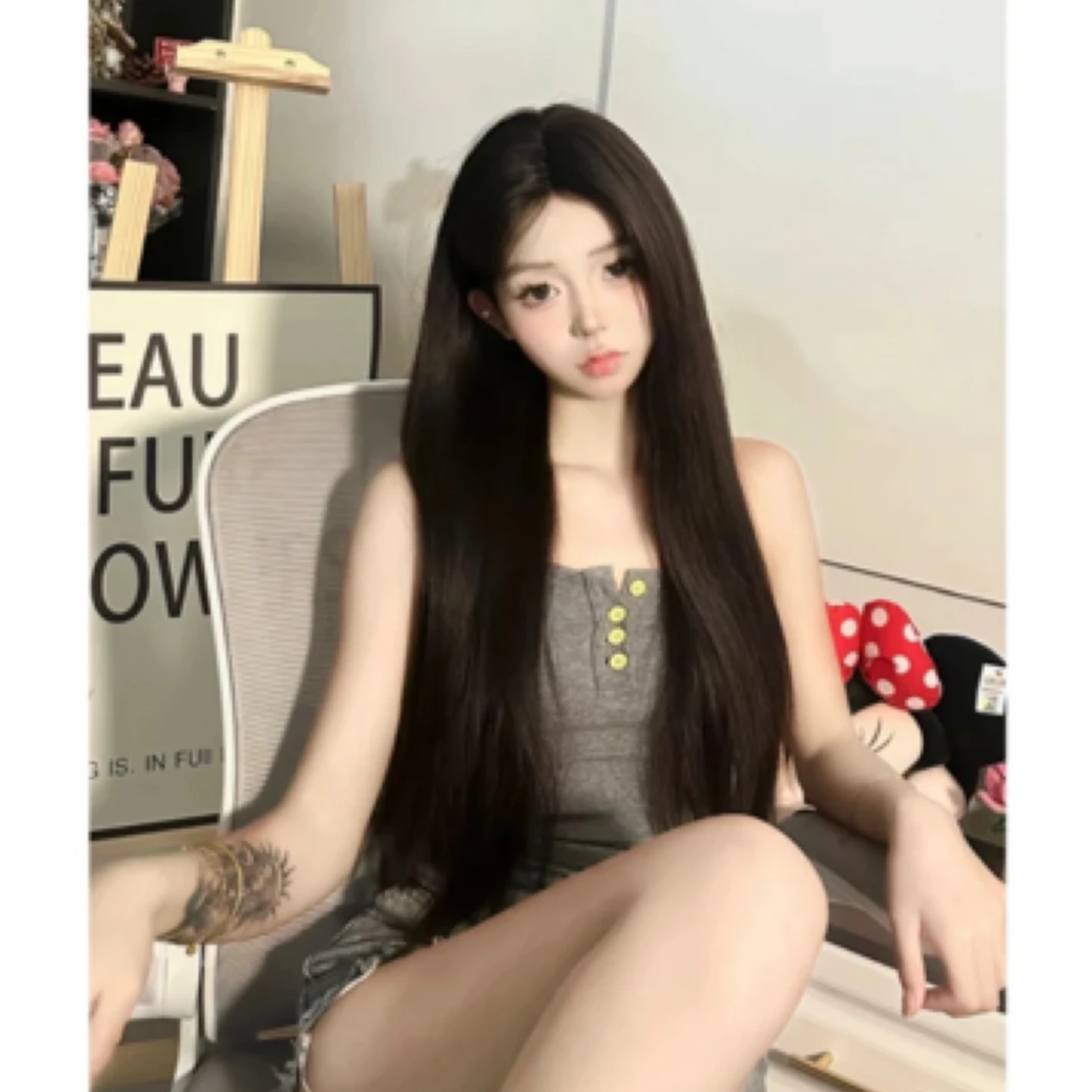 70CM黑长直不用戴发网一片式的假发（含人发）