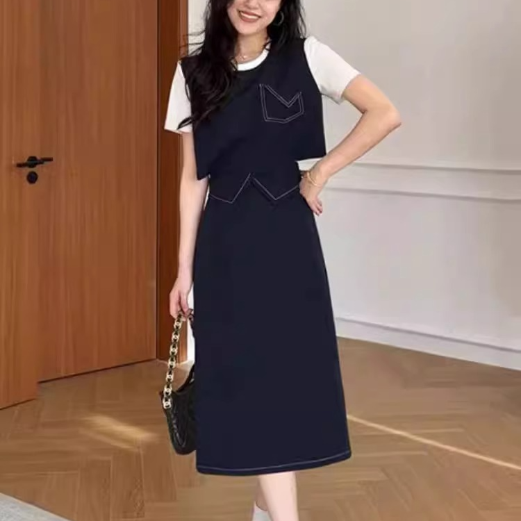 时尚夏季一整套装女新款设计感小众假两件上衣高腰半身裙两件套