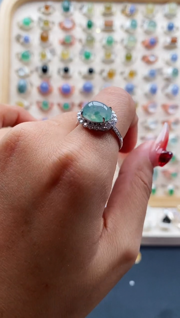 【闪购商品】翡翠戒指银S925镶嵌缅甸天然A货翡翠222 2+10