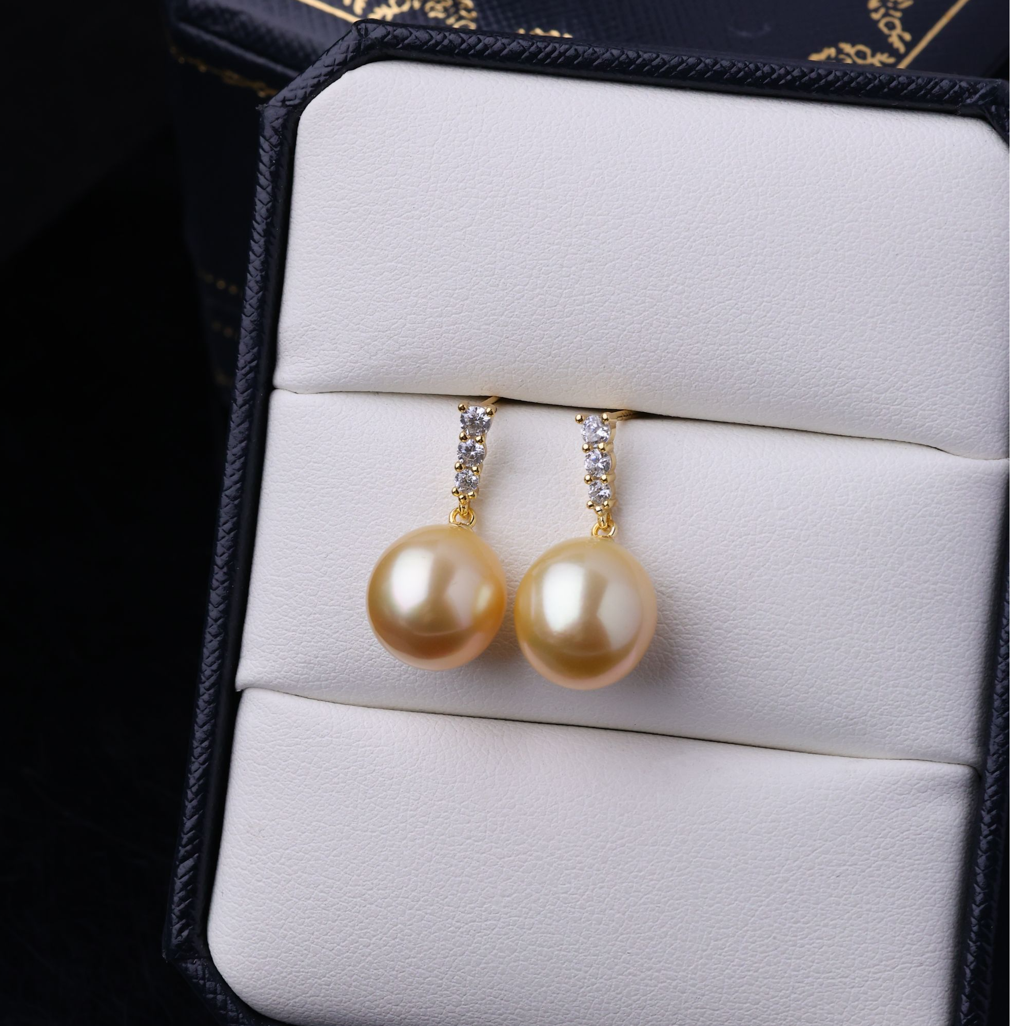 海水南洋金珠耳坠三生石11-12mm精致925银镶嵌香槟金多样性发一对