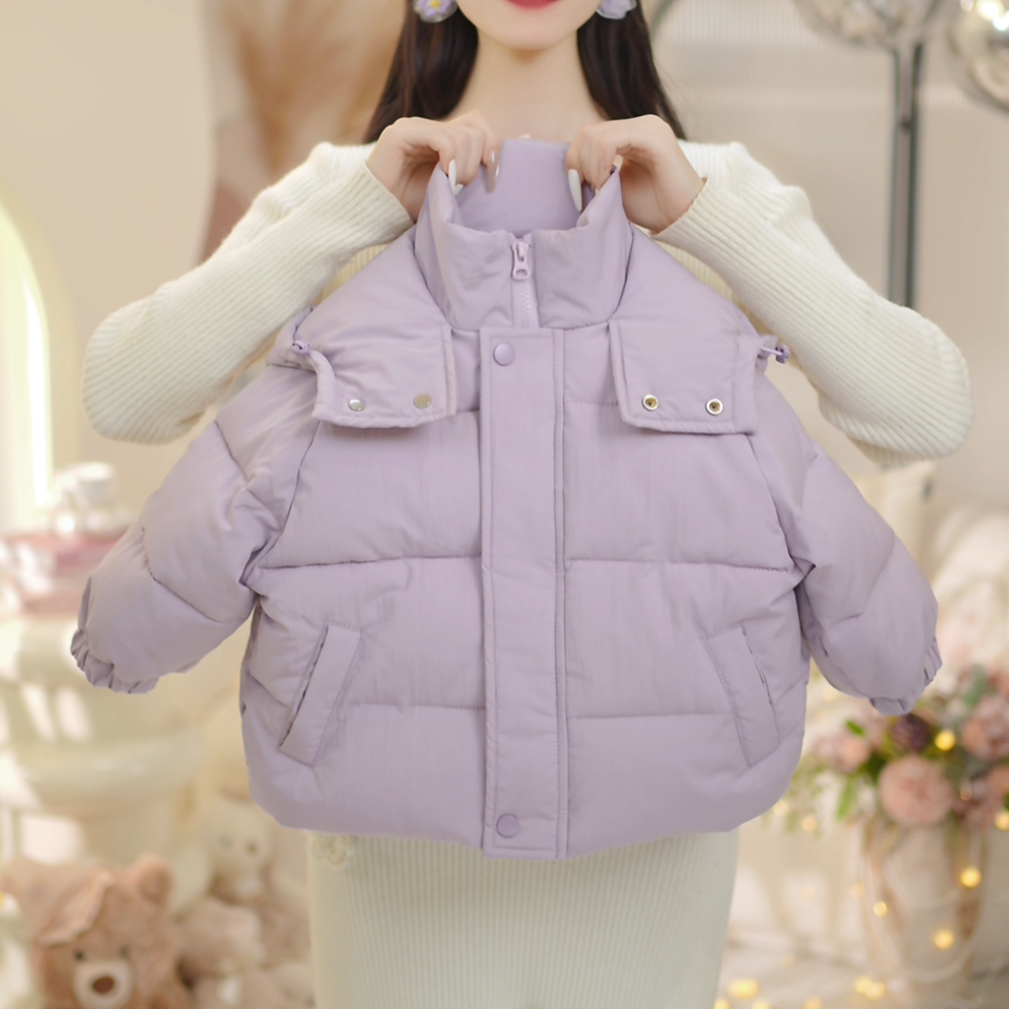 【现货】女童2025冬季新款韩版加厚连帽香芋紫加厚棉服外套C25093