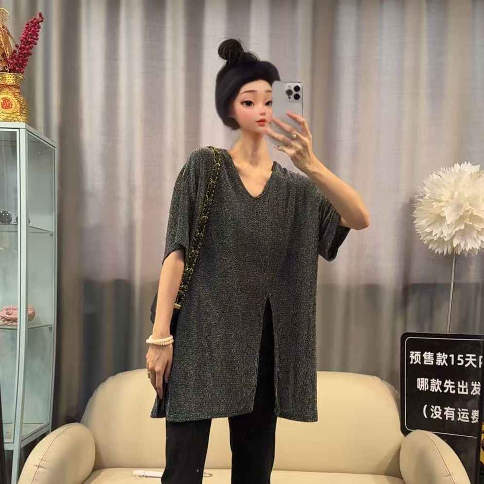 【文乐乐】夏季新款韩版高级气质开叉款时尚休闲潮流短袖T恤66121