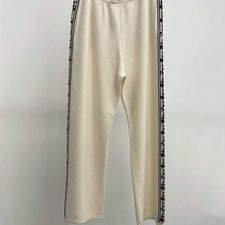 未使用 FENDI/芬迪 边饰LOGO针织长裤 白色/48