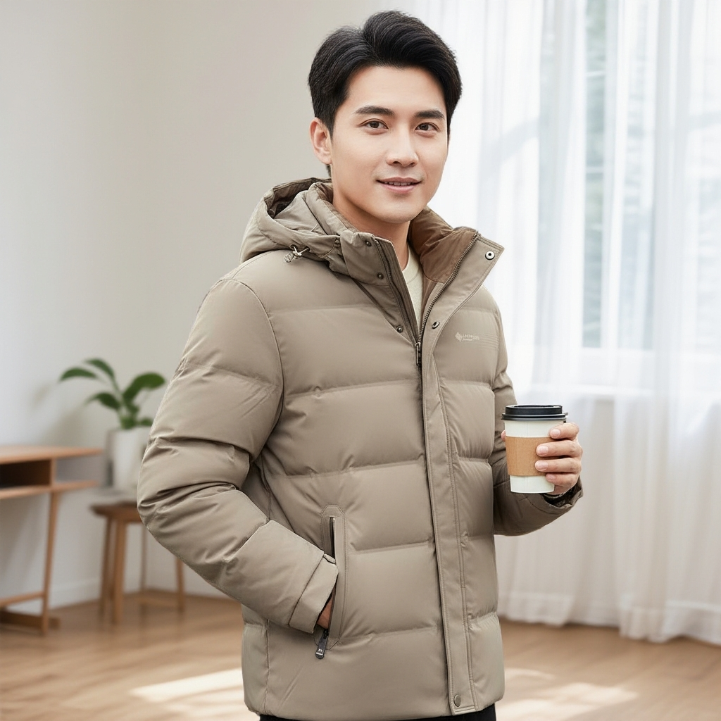 ③青年男士连帽款加厚保暖羽绒服