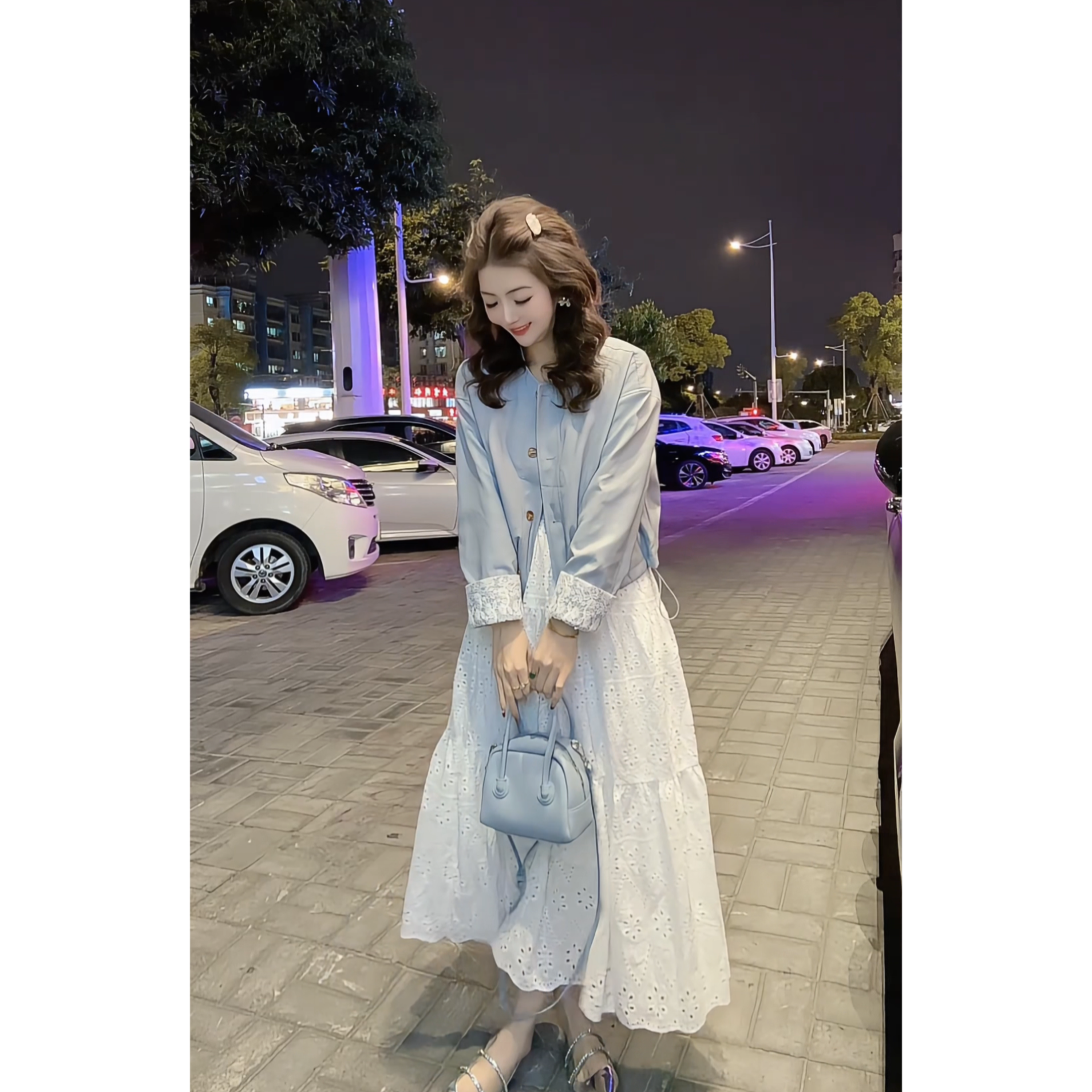 涵儿家 春季韩版气质袖口蕾丝拼接外套VS松紧腰镂空刺绣蕾丝半裙