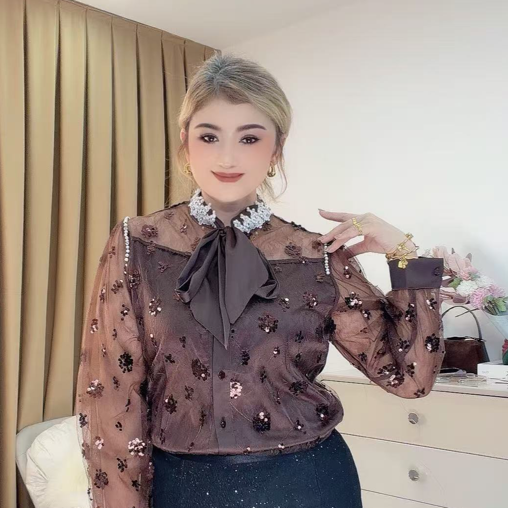 设计师蕾丝气质长袖拼接网纱25232款衬衣