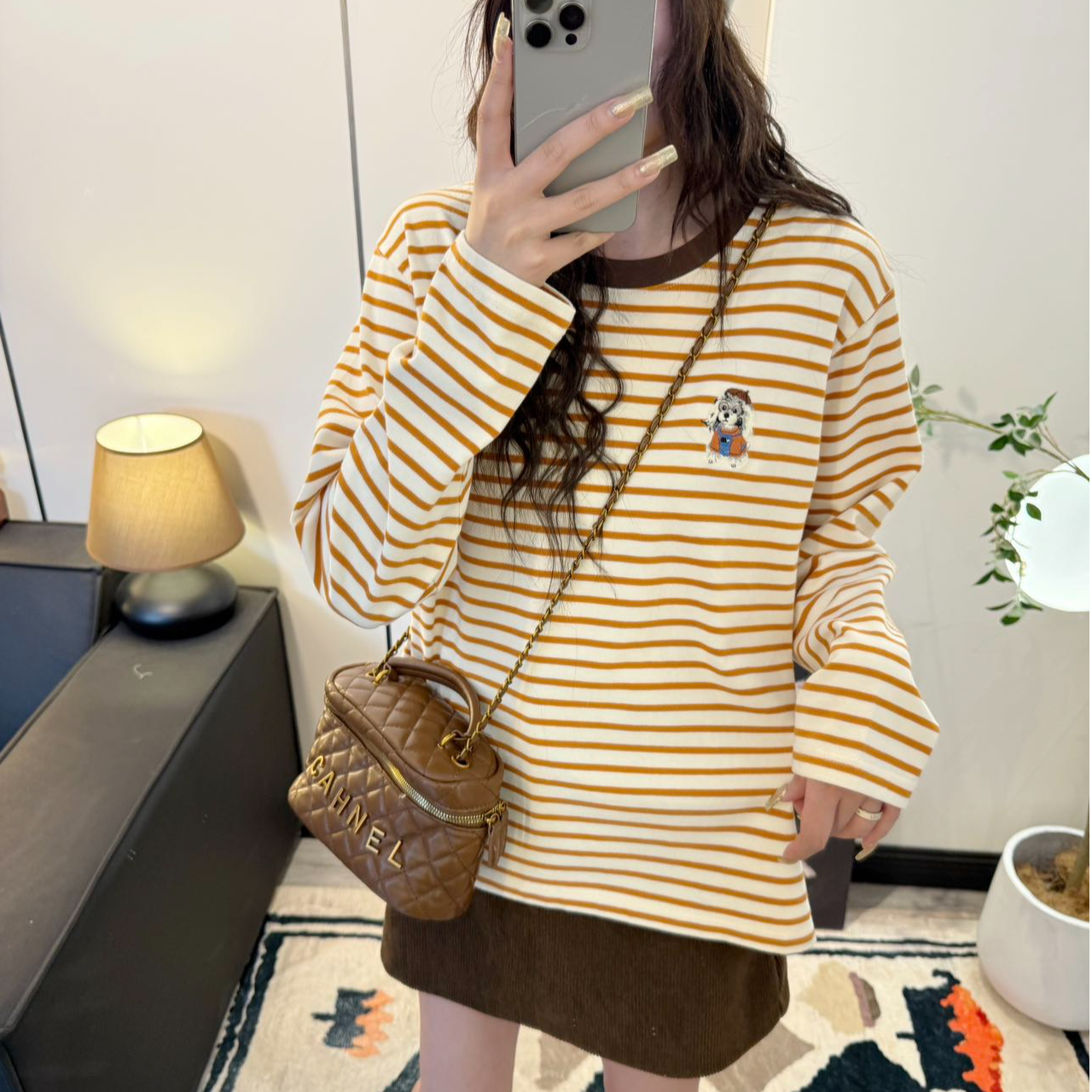 纸袋家秋冬新款「280g洋气狗撞色条纹长袖打底T恤」1228纯棉双纱