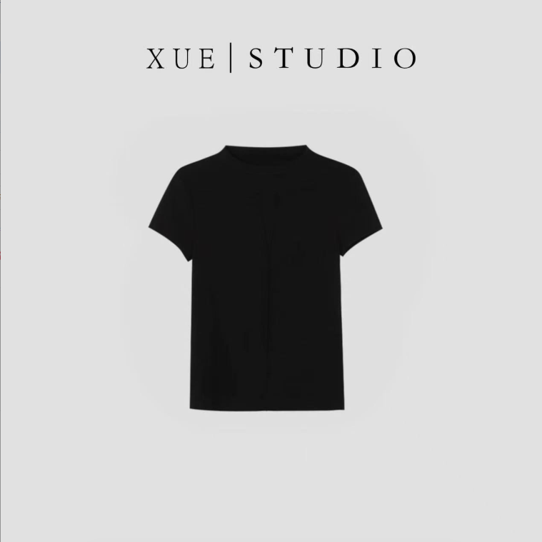 XUE.STUDIO 夏季纯色圆领设计感短袖T恤女修身性感显瘦上衣2177