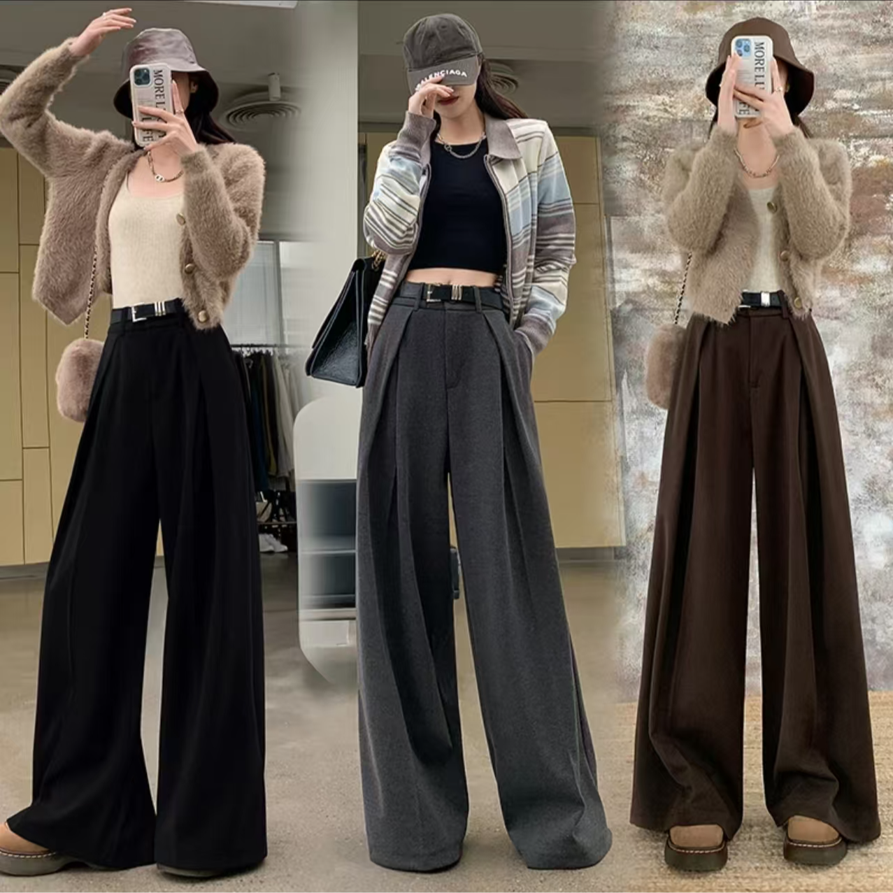 （送腰带）毛呢阔腿裤女秋冬款高腰呢子休闲西装直筒显瘦拖地裤女