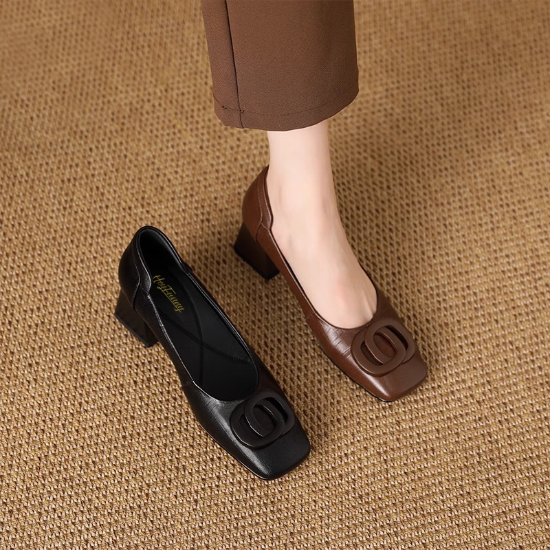 2025春夏新款中跟粗跟方头低跟浅口单鞋玛丽珍高跟百搭乐福鞋皮鞋