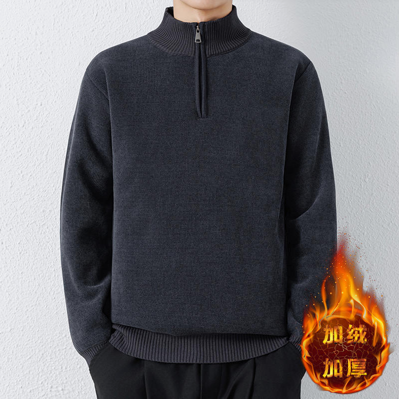 雅鹿男装户外半拉链毛衣男休闲运动加绒半高领秋冬季男士宽松加厚