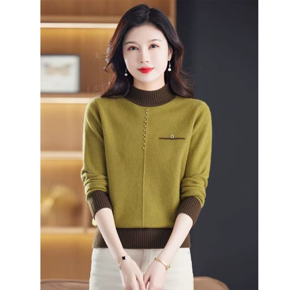 秋冬新款拼色圆领长袖针织套头百搭宽松气质毛衣女1451