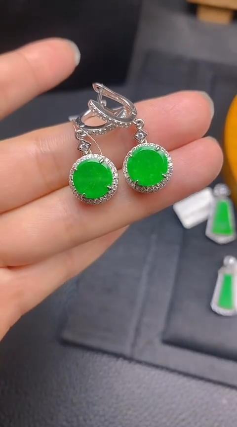翡翠银S925镶嵌耳饰圆牌