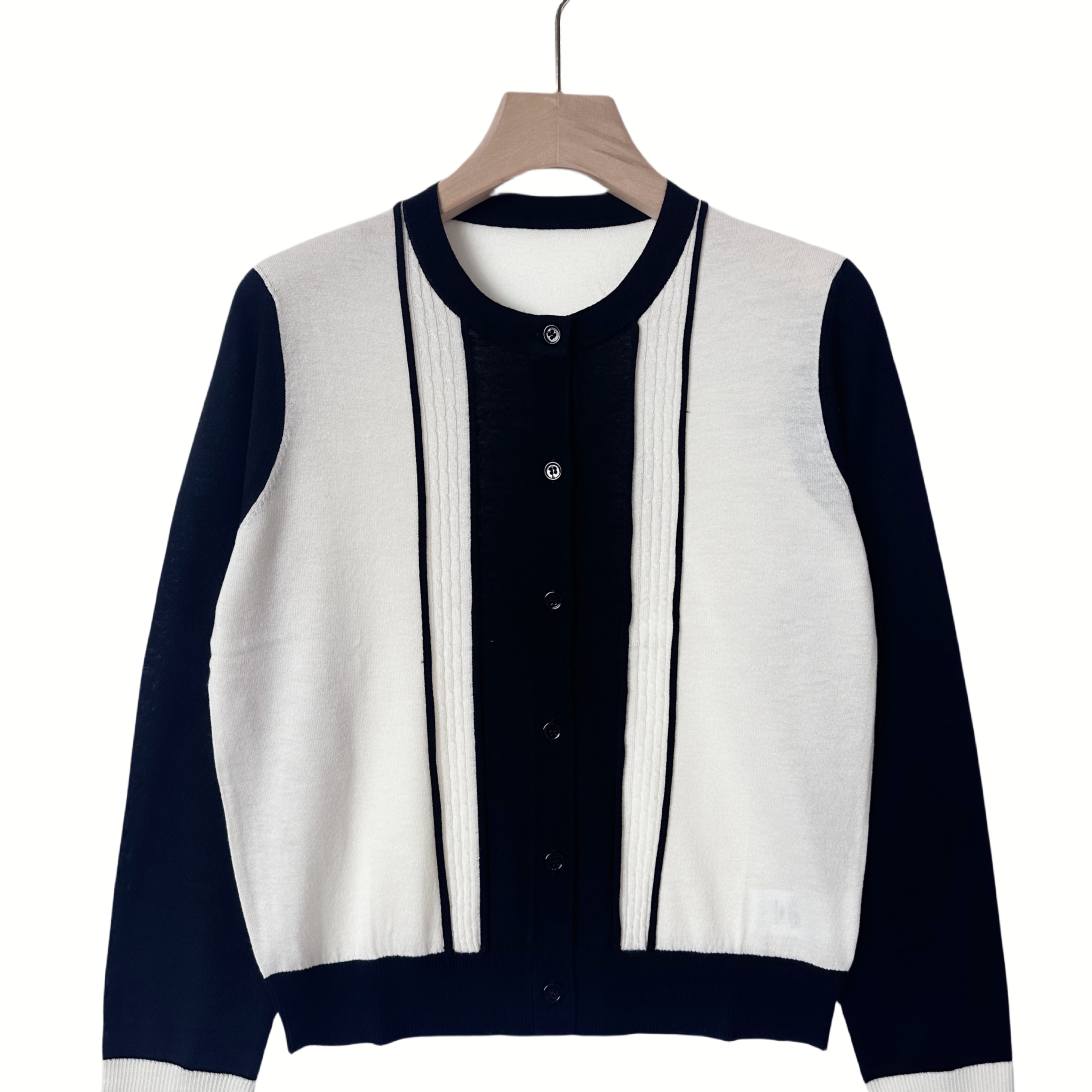 媛家名品 新款时尚圆领拼色桑蚕丝羊毛针织衫开衫女士外搭上衣