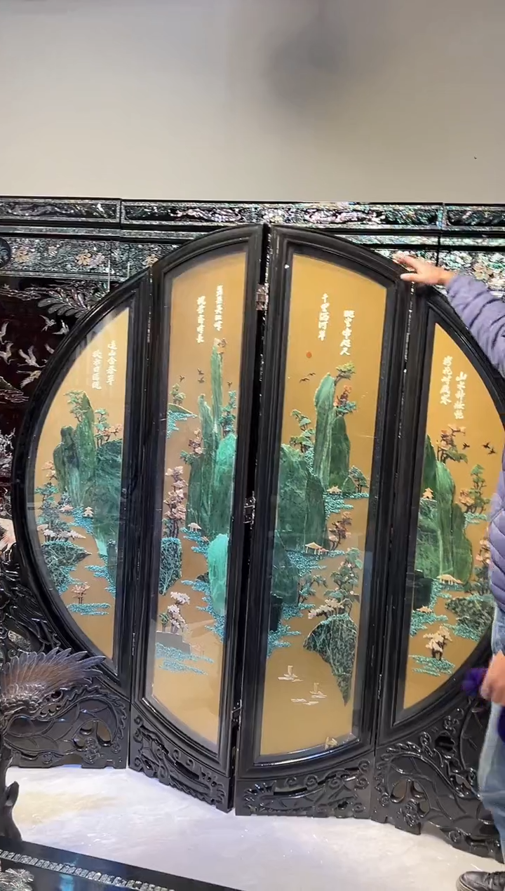 金箔 玉石百宝嵌 屏风