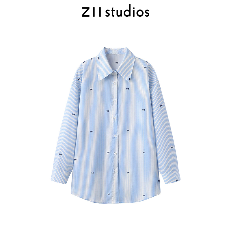 Z11复古条纹蝴蝶结刺绣长袖衬衫女2025春秋新款宽松休闲百搭上衣